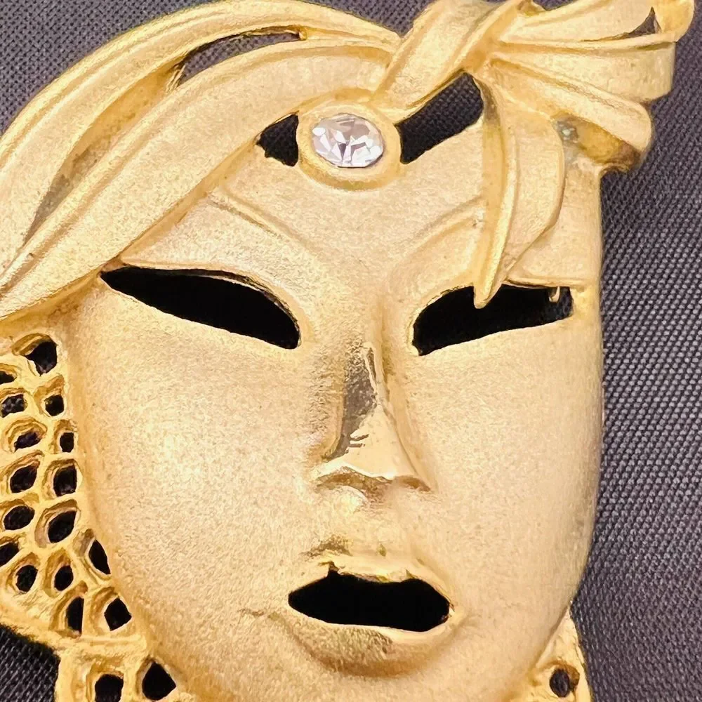 Vintage Lady Face Mask Gold Brooch Necklace Pendant Pin Art Deco Rhinestone 4089